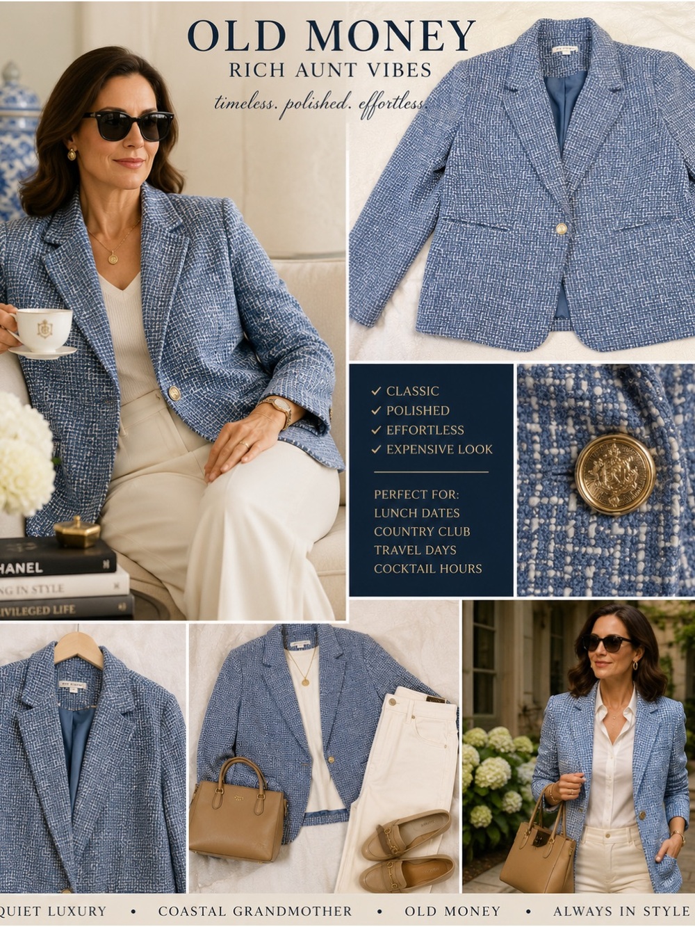 EUC Free Assembly Blue Boucle Blazer XL Old Money Preppy Coastal Chic Hamptons